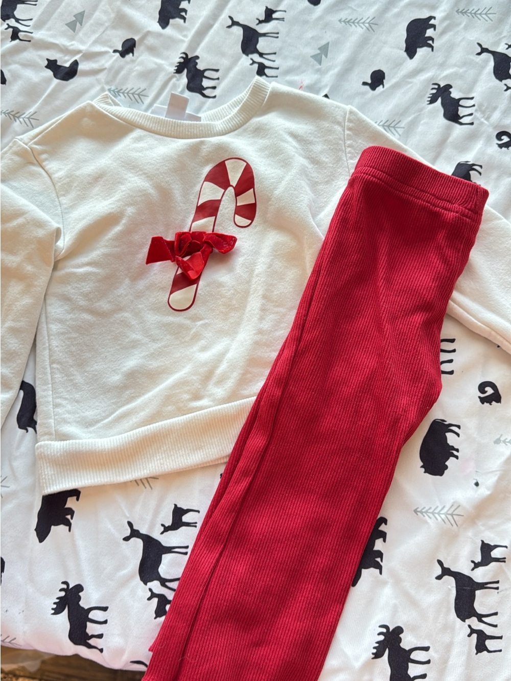 Girls White Candy Cane Sweatshirt & Red Leggings Set